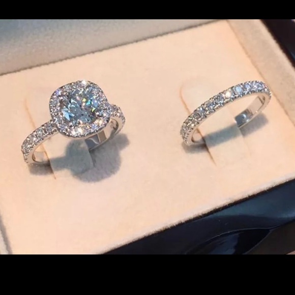 925 Sets Rings For Women Couple Cubic Zirconia Square Ring Lovers Jewelry - Picture 1 of 4